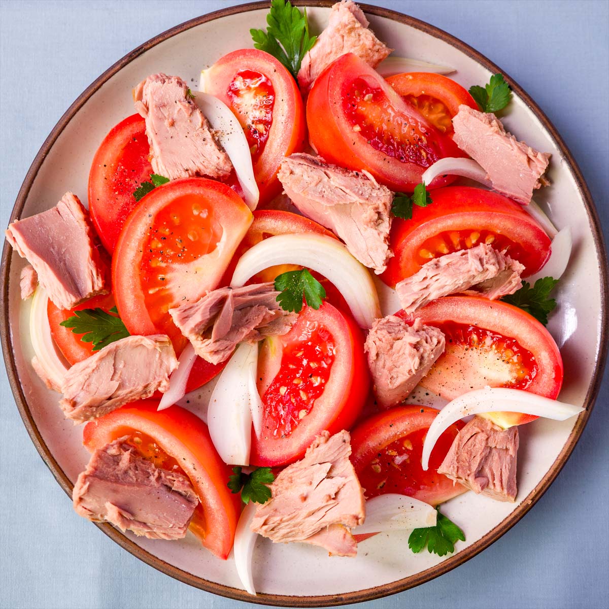 Spanish-style tuna and tomato salad with fresh tomatoes, tuna, onion slices, and parsley on a ceramic plate.