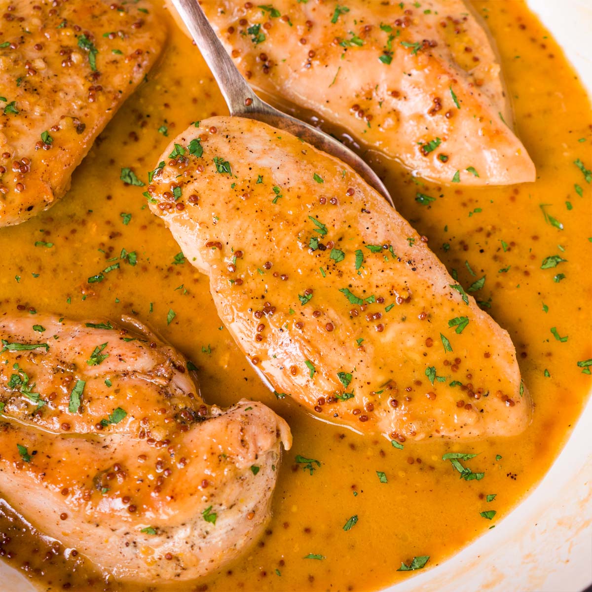 Close-up of a spoon lifting honey mustard chicken from a creamy golden sauce, with parsley sprinkled on top.