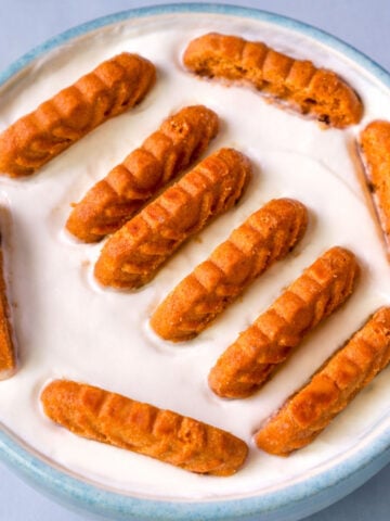 2-ingredient yogurt cheesecake topped with Biscoff cookies arranged on a smooth layer of creamy yogurt