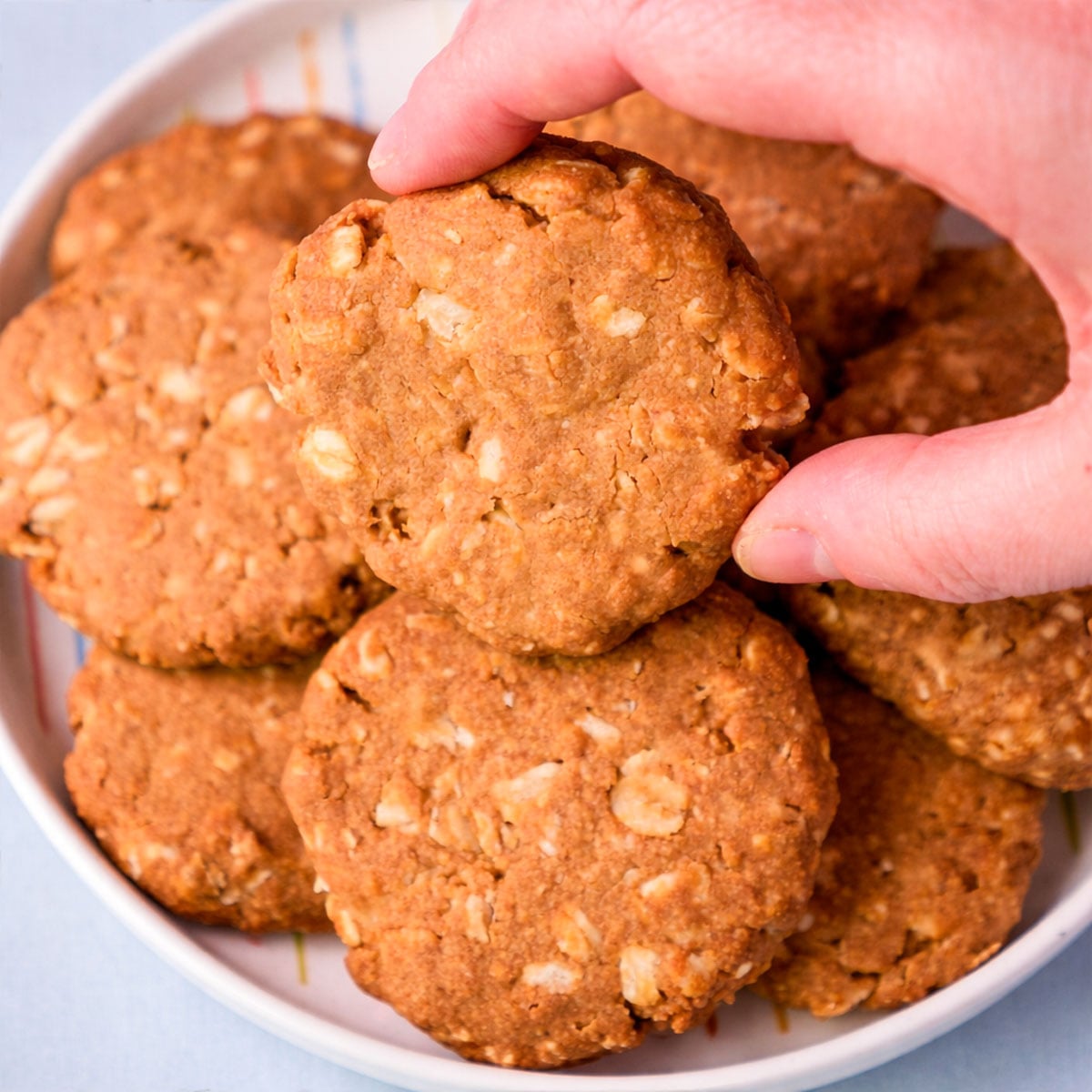 Hand holding a 3 ingredient peanut butter oatmeal cookie over a bowl of cookies, golden brown with visible oats