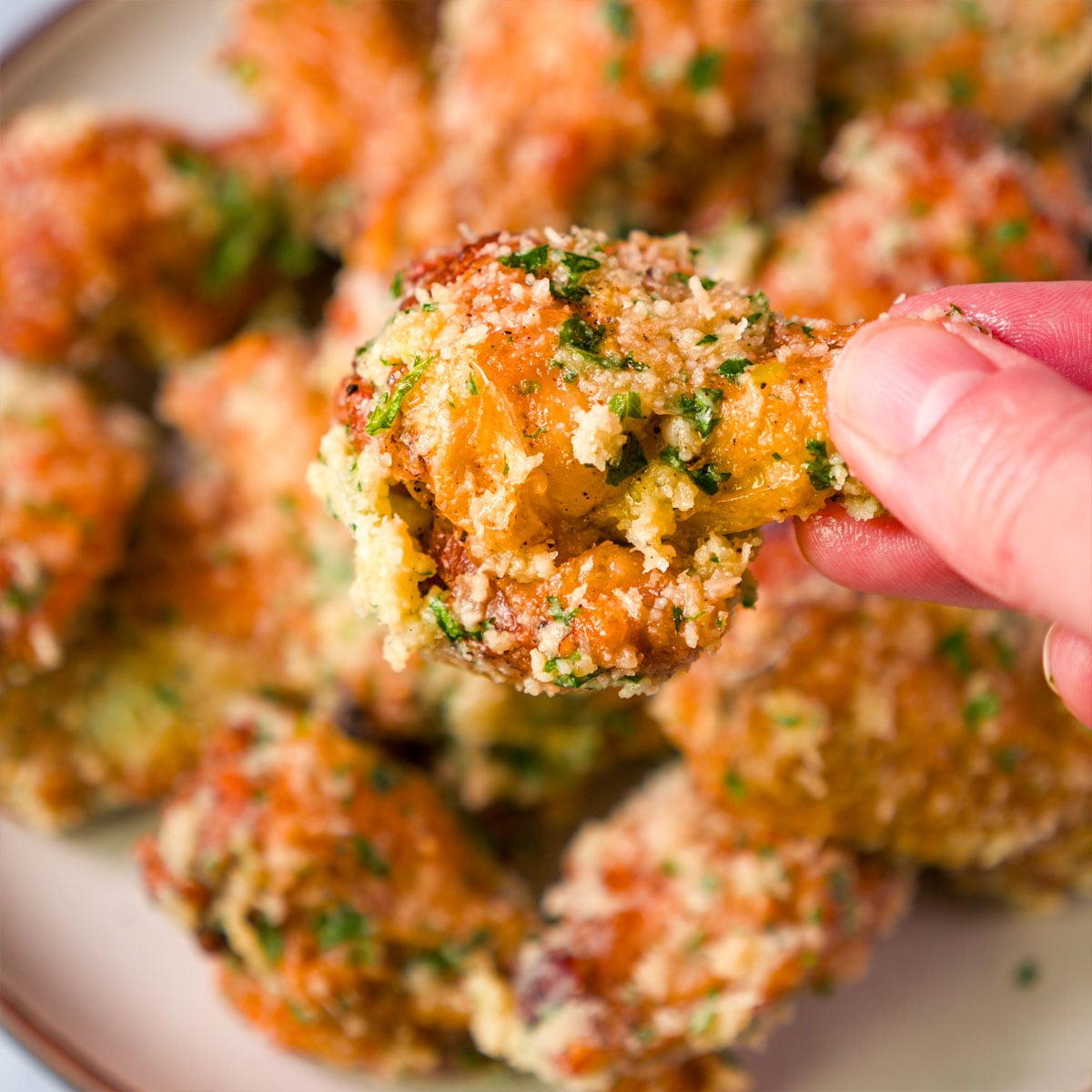 Hand holding a crispy baked garlic parmesan chicken wing, coated in grated parmesan and parsley, with wings on a plate in the background.