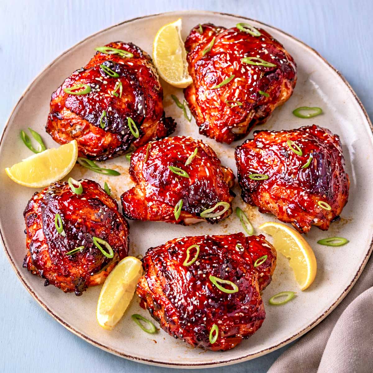 Gochujang chicken thighs on a plate with sliced green onions, and lemon wedges