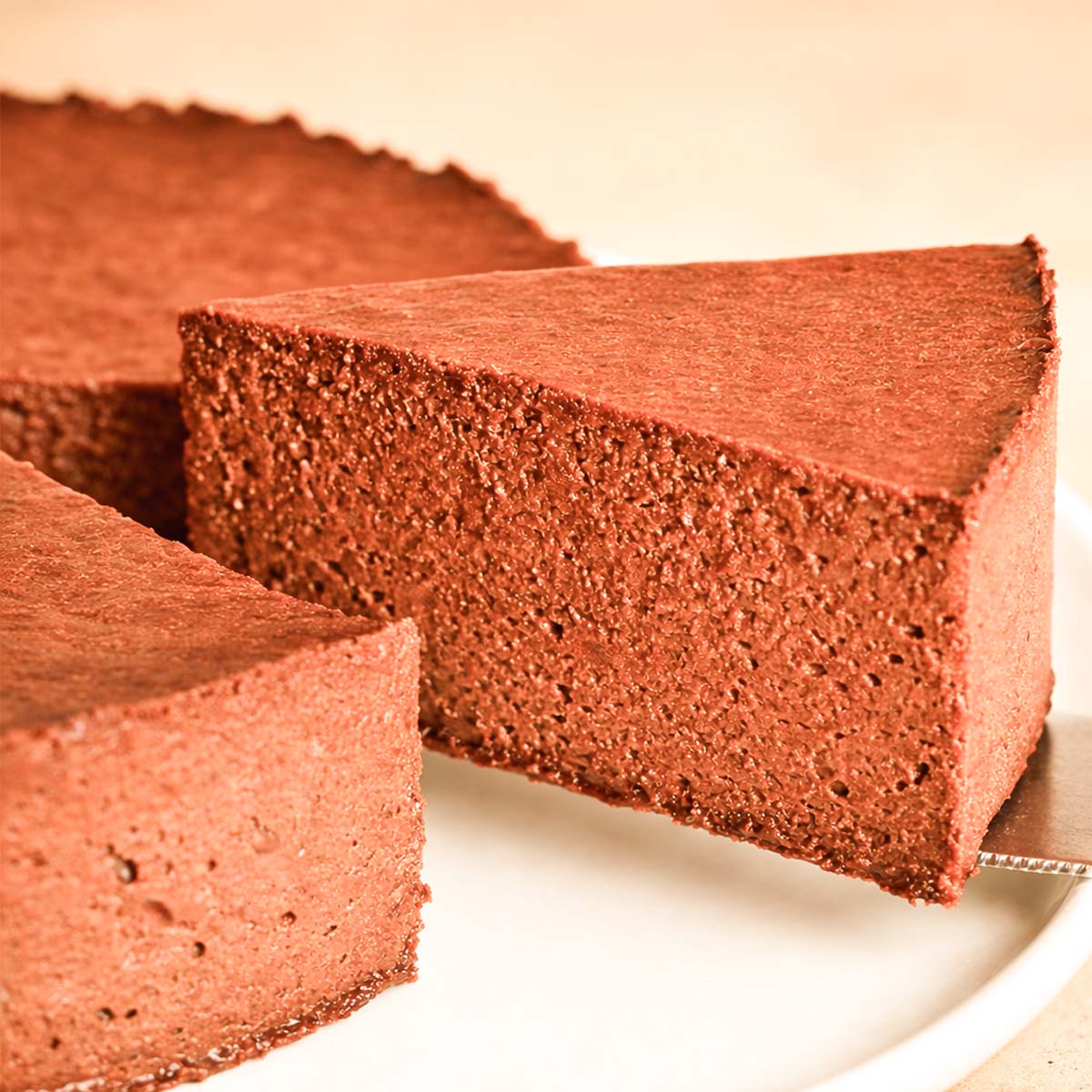 2 ingredient no bake chocolate banana cake slice showing the rich, dense chocolate texture on a white plate with the whole cake in the background