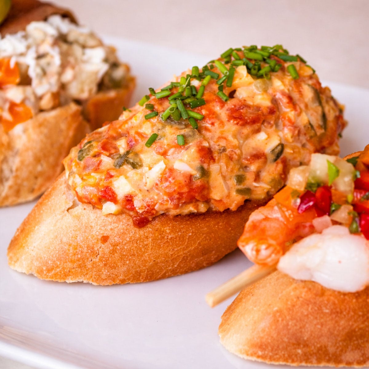 Close-up of Spanish pintxos on a white platter, featuring a baguette slice topped with a creamy chorizo salad and fresh chives, with shrimp and potato salad pinchos blurred in the background. 