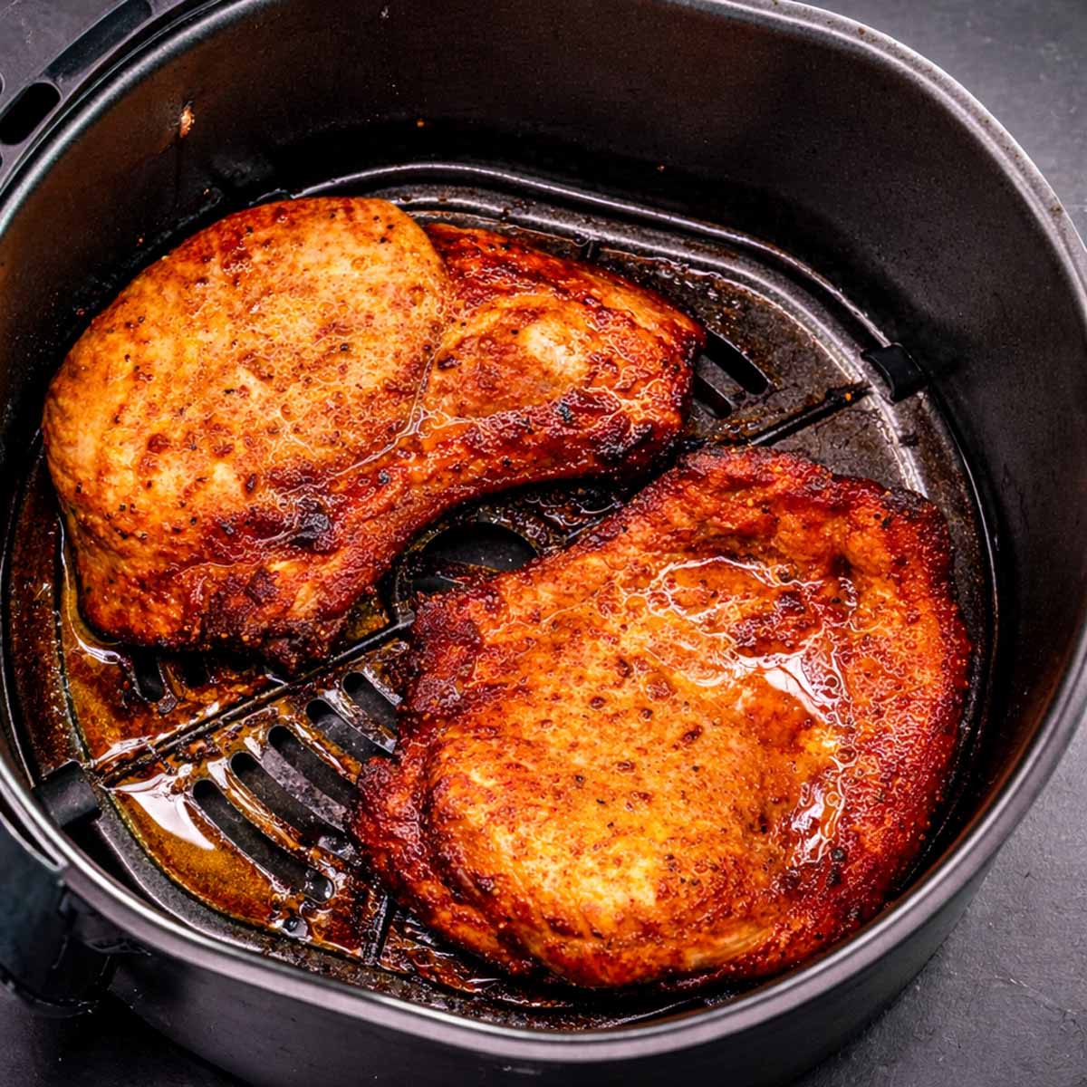 Air fryer thin pork chops cooked until golden and juicy inside the air fryer basket with caramelized edges