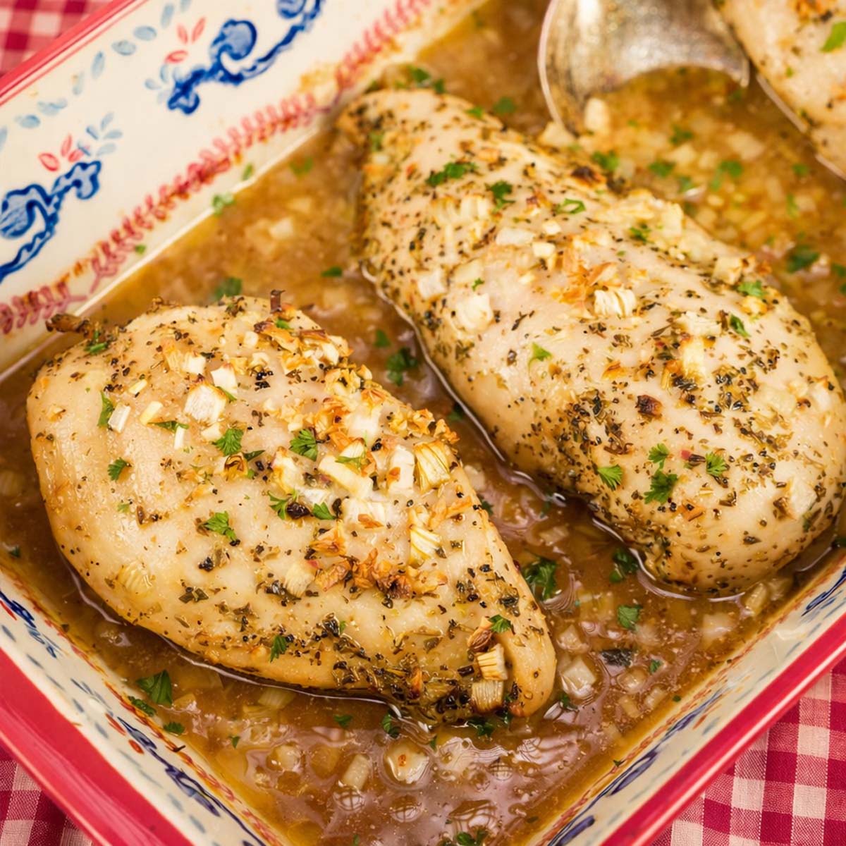 Baked chicken in chicken broth with garlic, herbs, and onions in a ceramic dish, surrounded by a rich, golden savory sauce