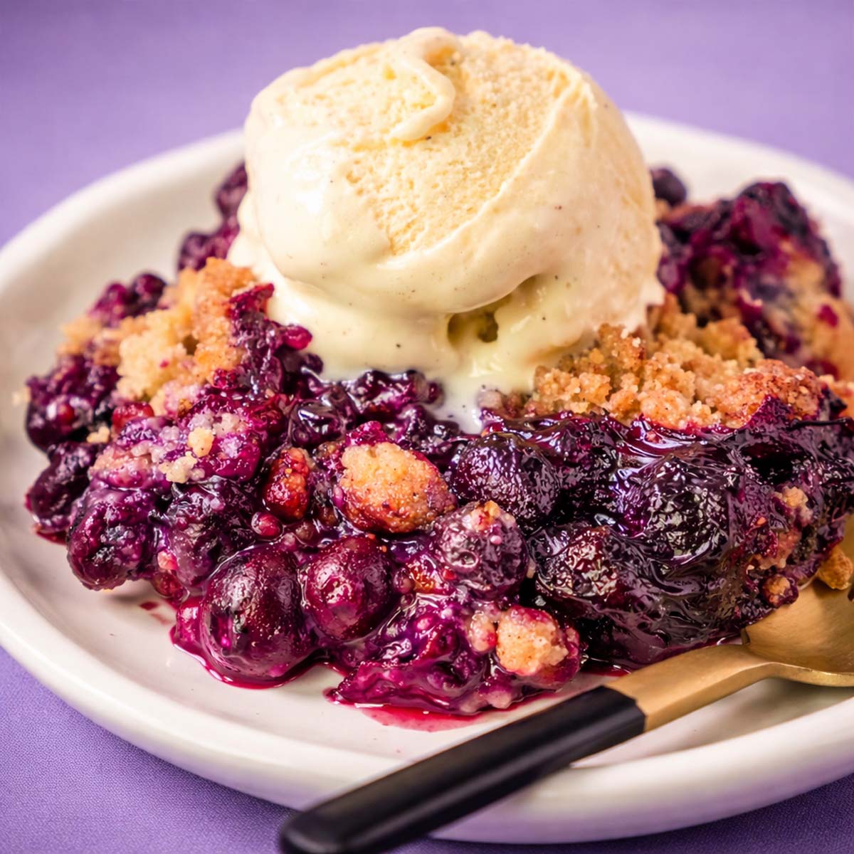 Blueberry Crumble Without Oats served warm with vanilla ice cream, showing juicy baked blueberries and a golden crumb topping on a white plate.