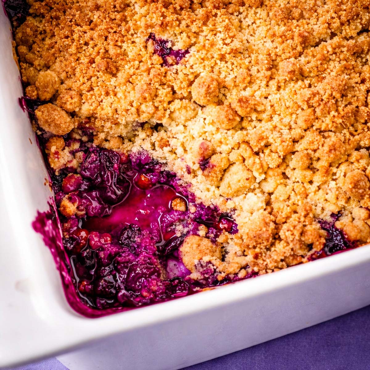 Blueberry Crumble Without Oats baked in a white dish with a golden buttery crumb topping and juicy blueberries bubbling at the corner.