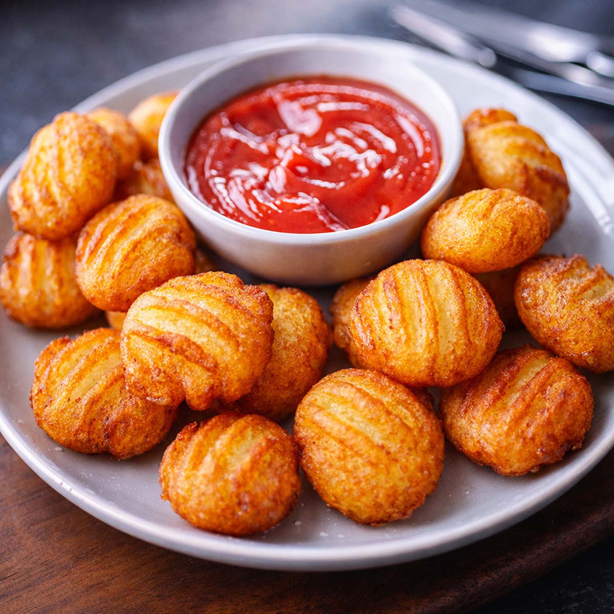 Bubble potato pillows arranged on a plate with ketchup, crispy golden exterior and soft fluffy center visible