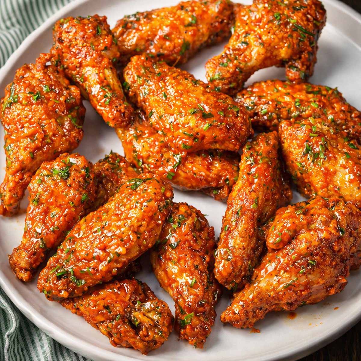 Cowboy butter chicken wings on a white plate, crispy baked wings coated in a rich, glossy garlic butter sauce with herbs and a golden finish