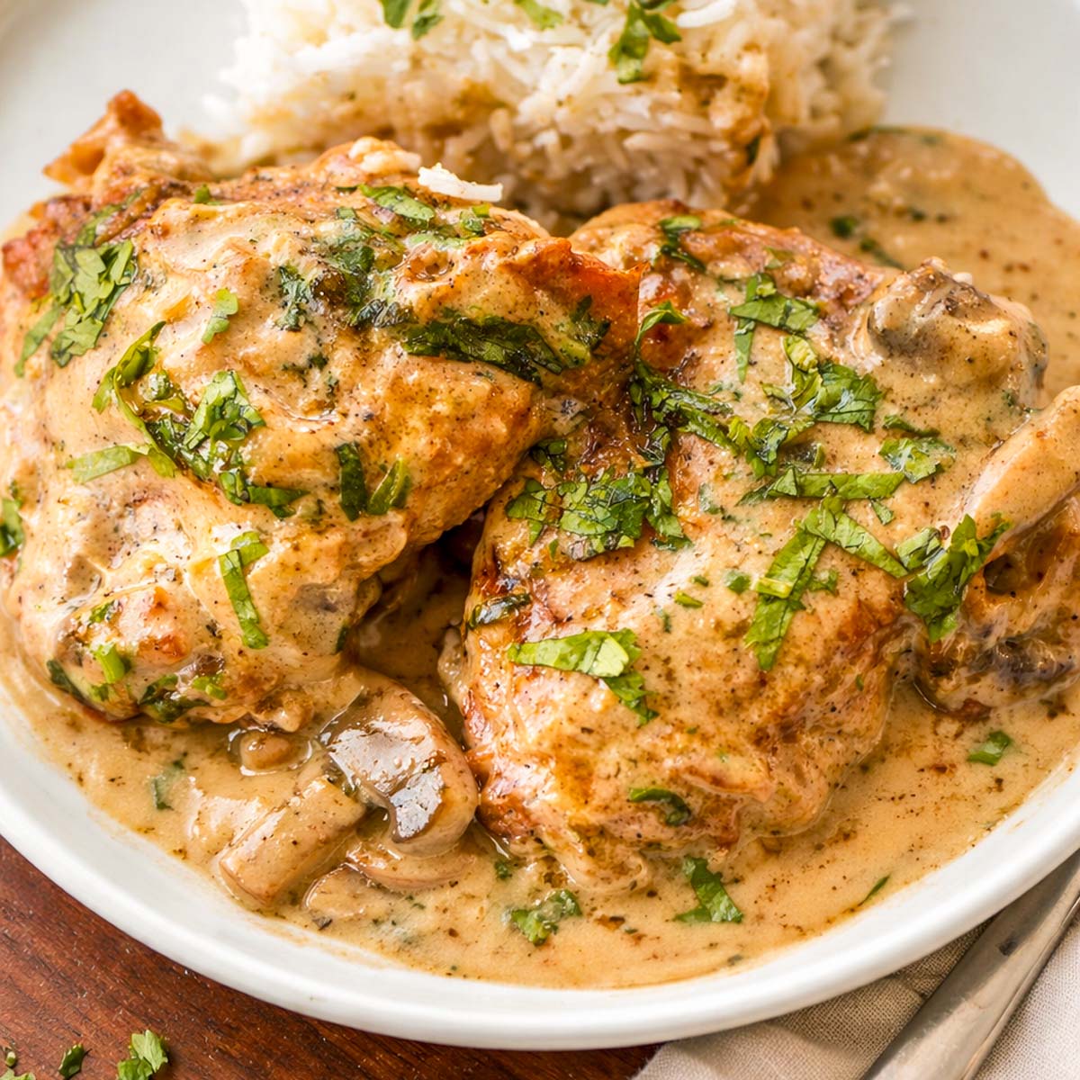 Creamy mushroom chicken thighs served with rice, topped with a rich garlic mushroom sauce and fresh parsley