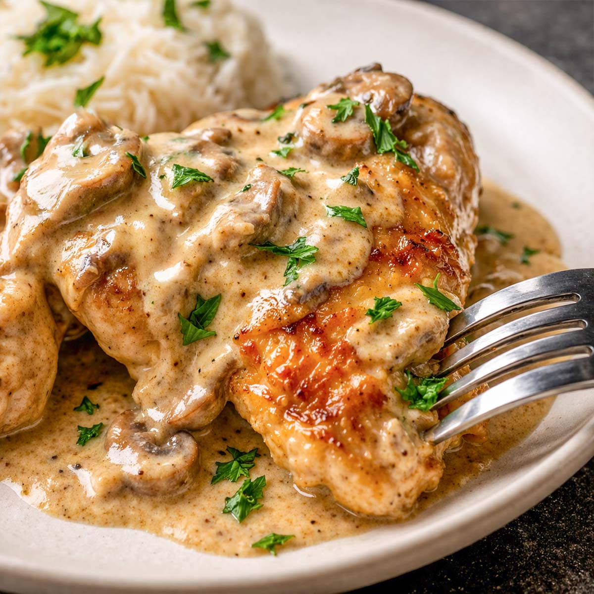 Creamy mushroom chicken thighs with a rich garlic cream sauce, served with rice and finished with fresh parsley