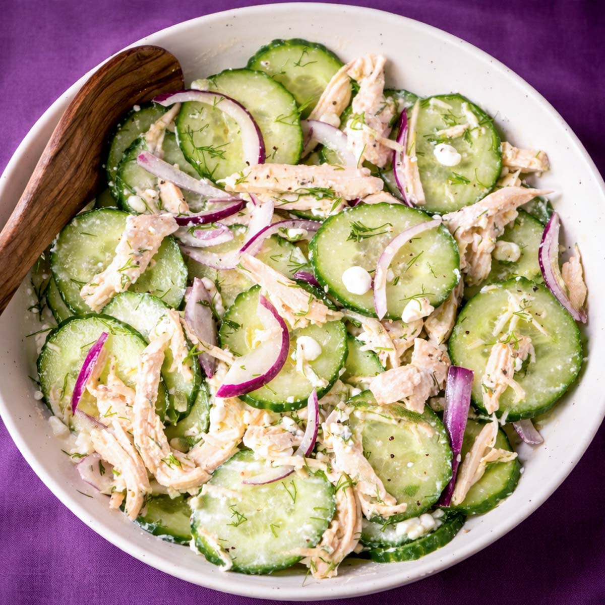 High protein cucumber chicken salad with shredded chicken, sliced cucumber, red onion, cottage cheese, and fresh dill in a white bowl