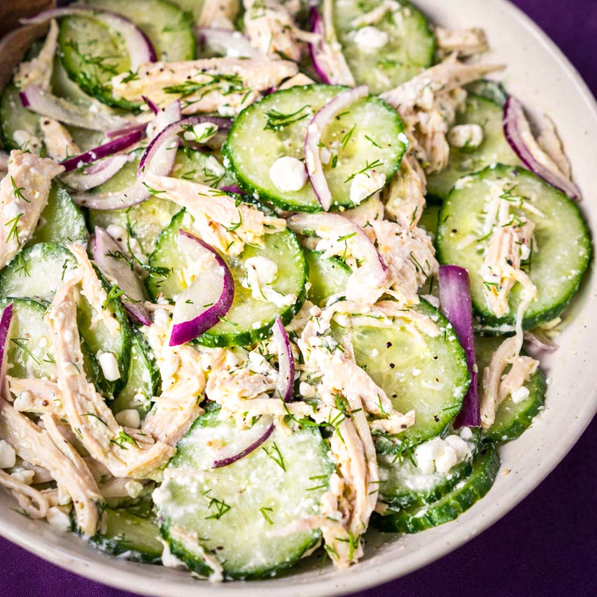 High protein cucumber chicken salad close-up with shredded chicken, crisp cucumber slices, red onion, cottage cheese, and fresh dill dressing