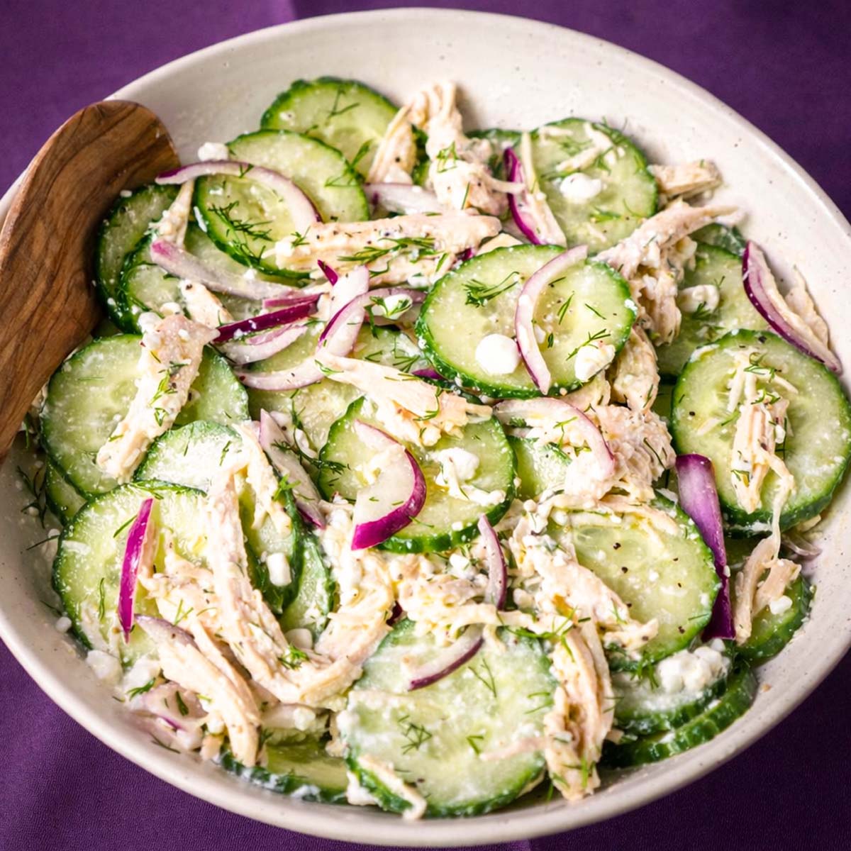 High protein cucumber chicken salad with cottage cheese, shredded chicken, sliced cucumber, red onion, and fresh dill in a white bowl