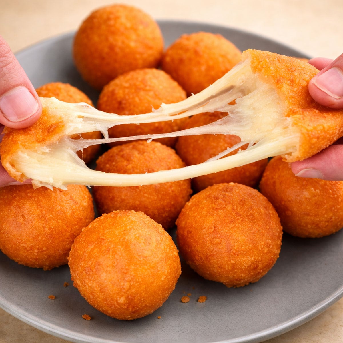 Golden fried cheeseballs with a gooey cheese pull, crispy outside and stretchy melted center on a plate
