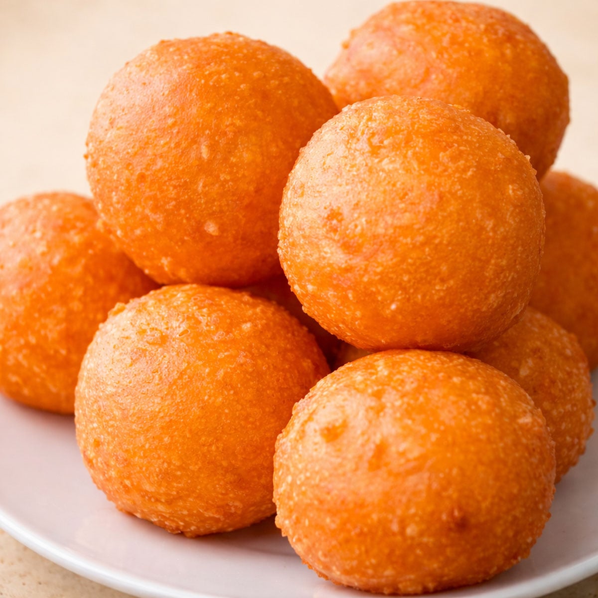 Crispy fried cheeseballs stacked on a plate, golden and crunchy on the outside with a soft, melty center