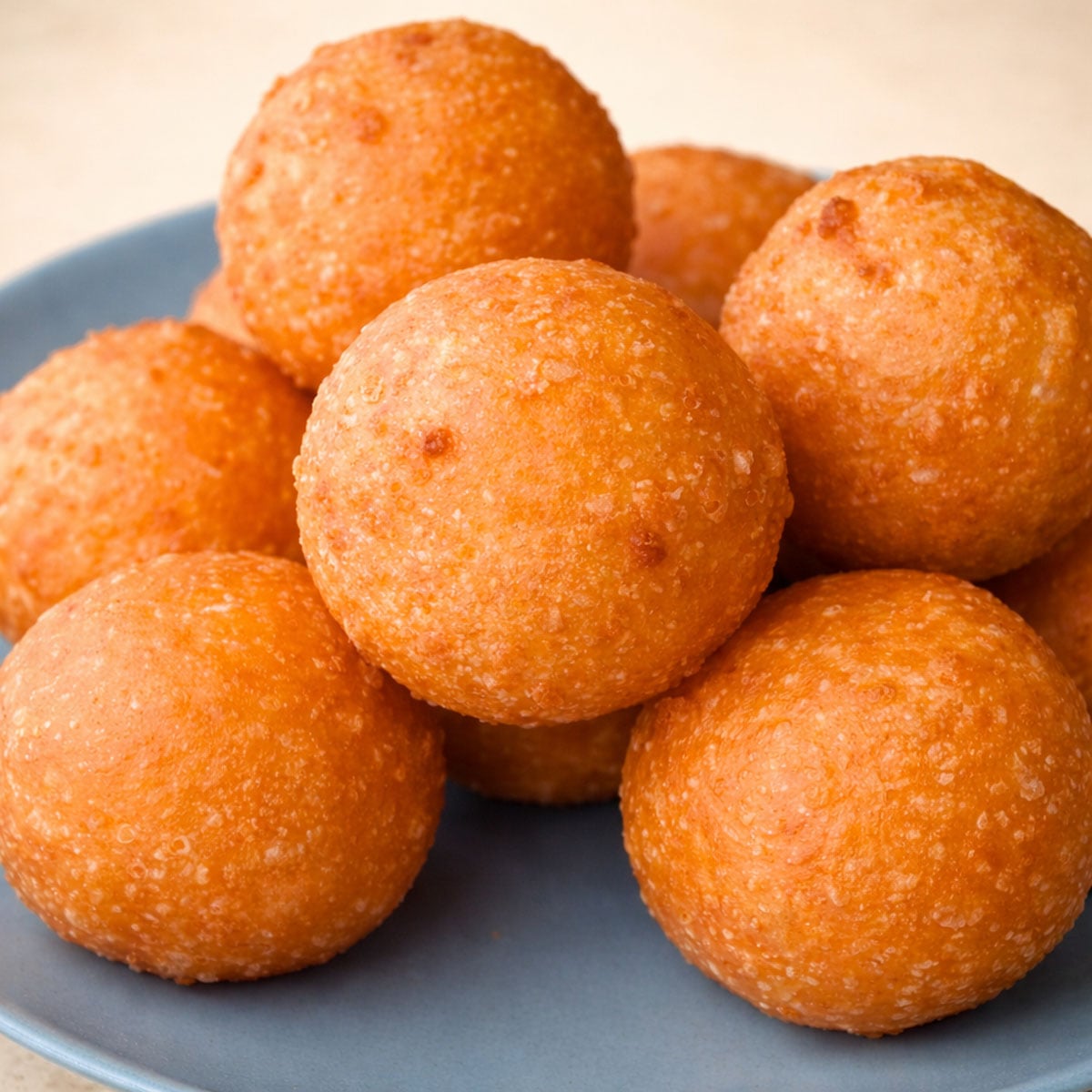 Crispy fried cheeseballs piled on a plate, golden and evenly browned with a crunchy exterior