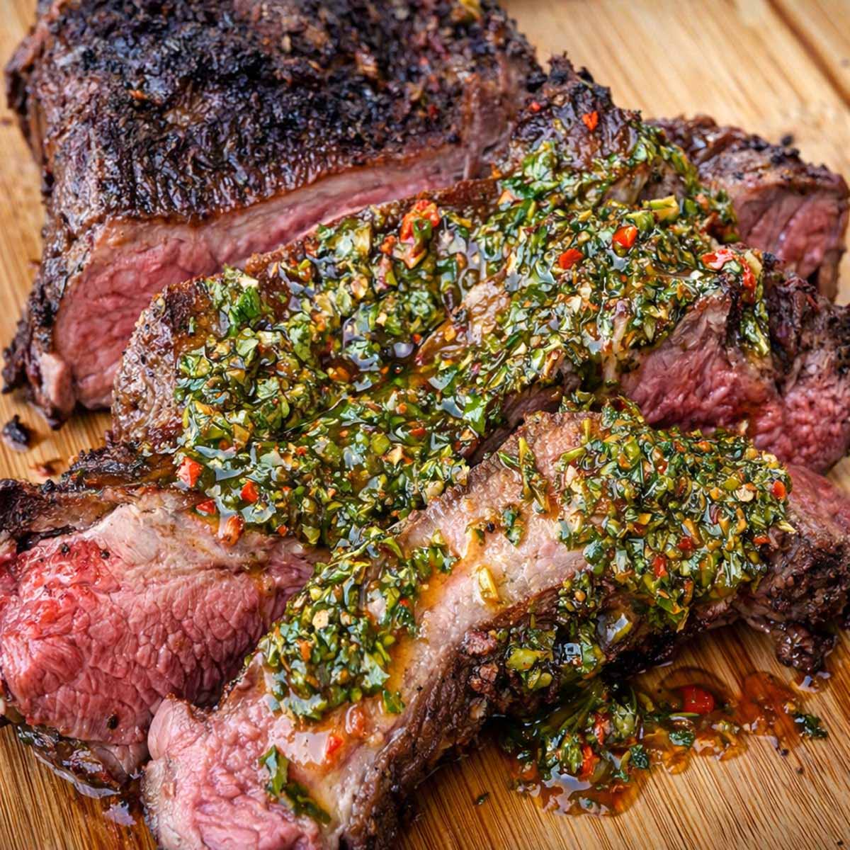 grilled butterflied leg of lamb sliced on a cutting board topped with fresh herb chimichurri sauce