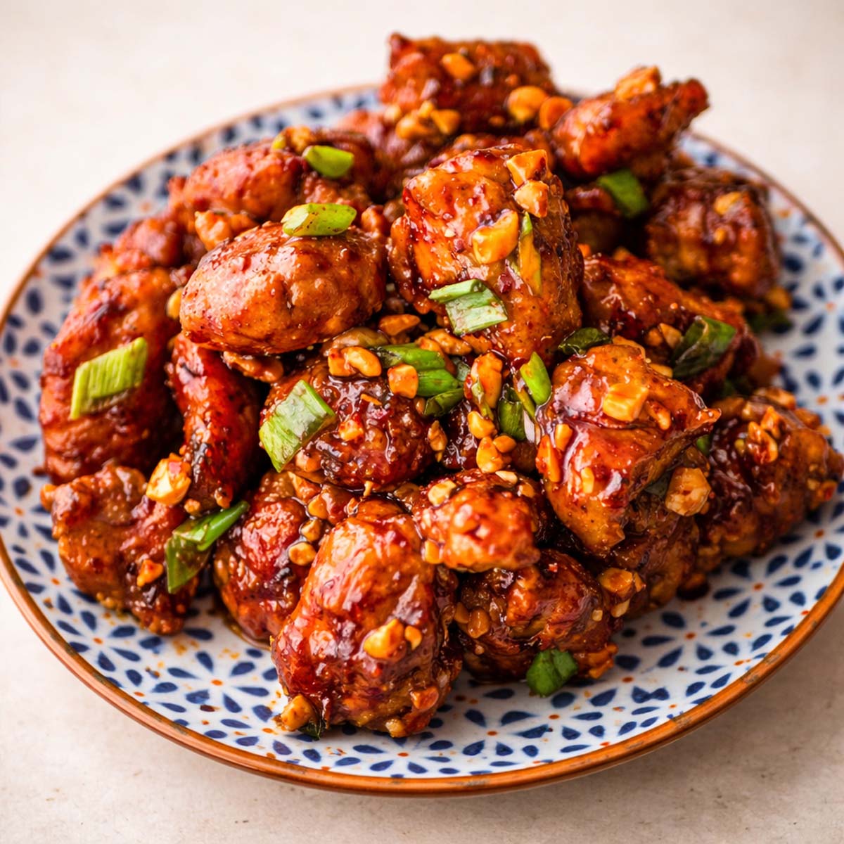 Crispy Korean fried chicken piled on a ceramic plate, coated in a sticky, glossy sauce with crunchy peanuts and fresh green onion pieces