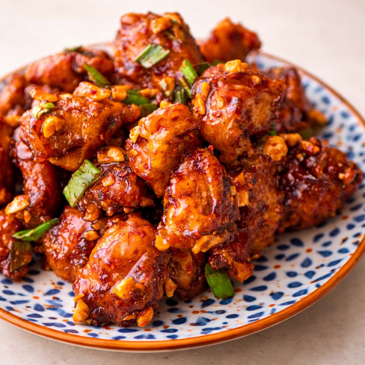 Crispy Korean fried chicken on a patterned plate, coated in a glossy spicy glaze and topped with chopped peanuts and green onions