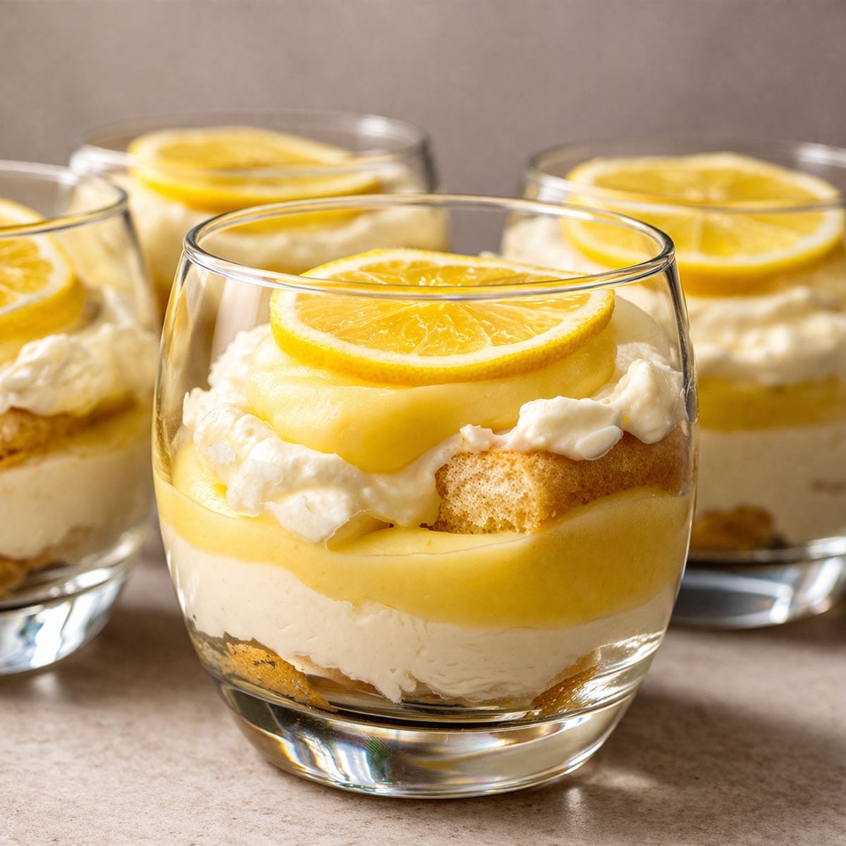Lemon tiramisu cup with layers of creamy filling, soaked finger biscuits, and lemon curd, topped with a lemon slice in a glass dessert cup