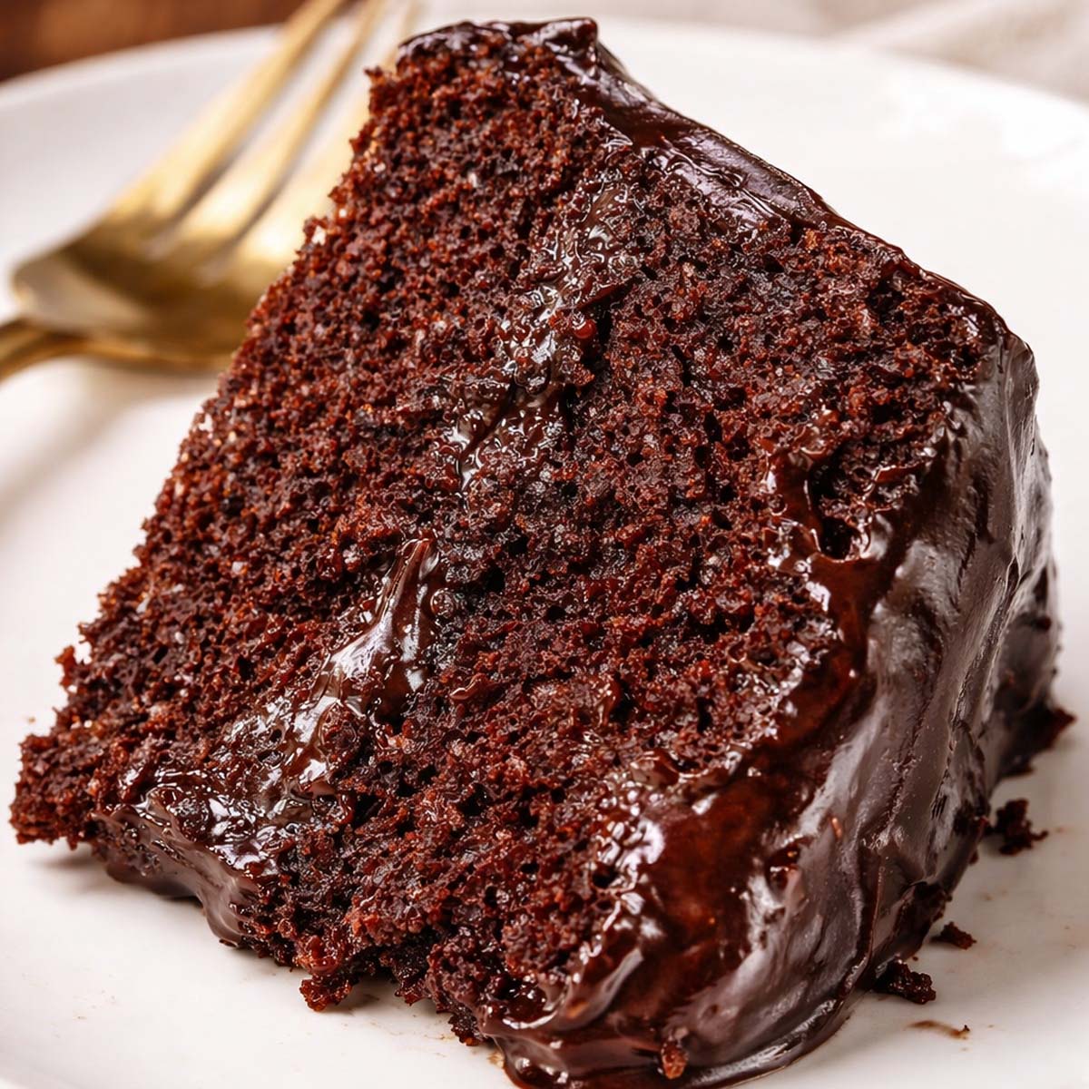 Moist chocolate banana cake slice with rich glossy ganache on a white plate, soft and tender crumb with melted chocolate layers