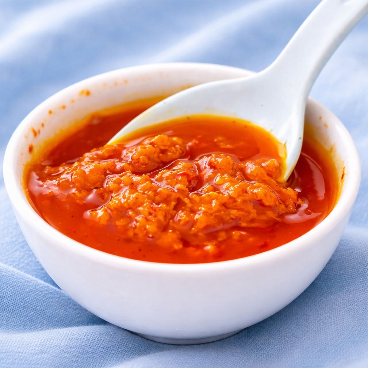Close-up of mojo rojo sauce in a small white bowl with a spoon, showing the bright red, spicy Canary Islands dipping sauce. 