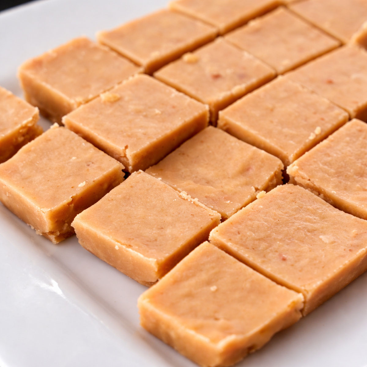 easy peanut butter fudge squares on a white plate, creamy and smooth homemade fudge cut into neat pieces with a rich, soft texture
