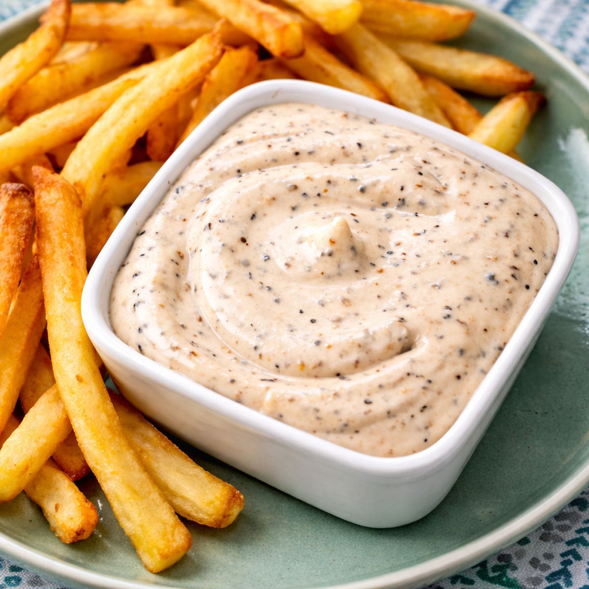 Close-up of creamy pepper mayonnaise in a white square bowl served with crispy golden fries on a green plate