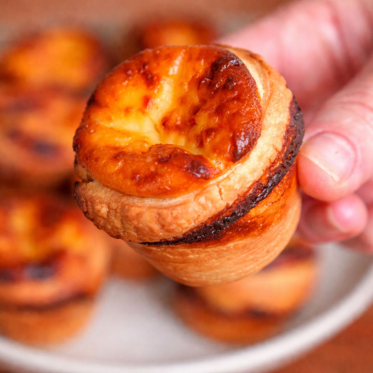 Hand holding a Portuguese egg custard tart with caramelized top and flaky pastry layers