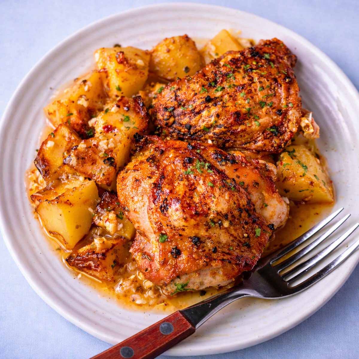 One pan roasted chicken thighs and potatoes served on a plate with crispy chicken and golden roasted potatoes.