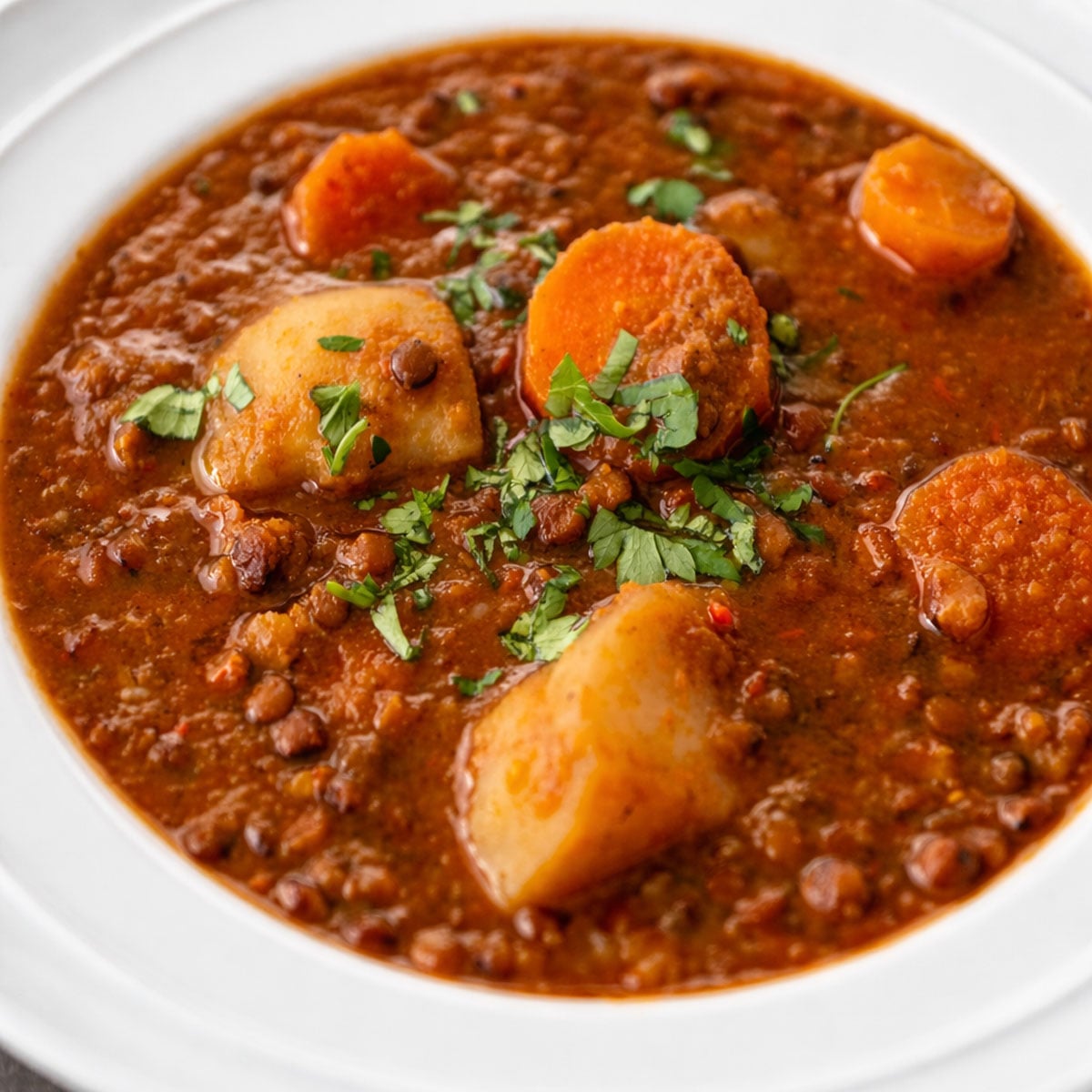 Spanish lentil soup with vegetables in a white bowl, featuring carrots, potatoes, and parsley in a rich, hearty broth