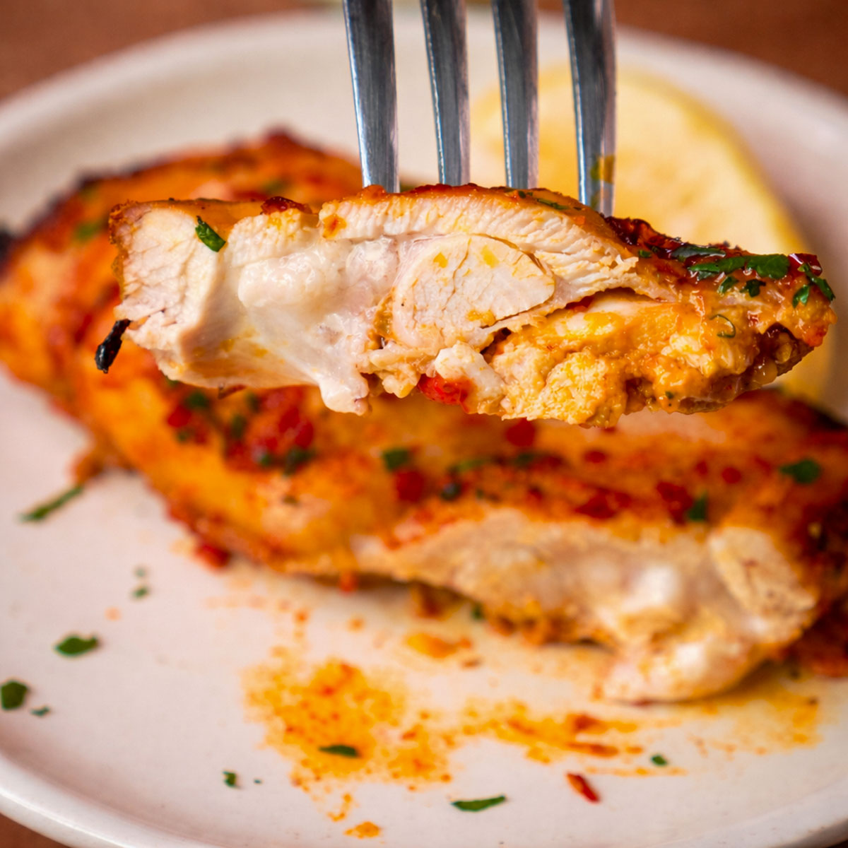 Close-up of tomato marinated chicken thighs showing the juicy, tender interior, with a golden, lightly charred exterior and fresh herbs on top