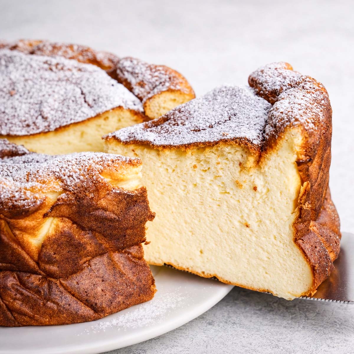 Slice of easy yogurt cake dusted with powdered sugar, showing a light, moist crumb and golden-brown edges on a white plate. 