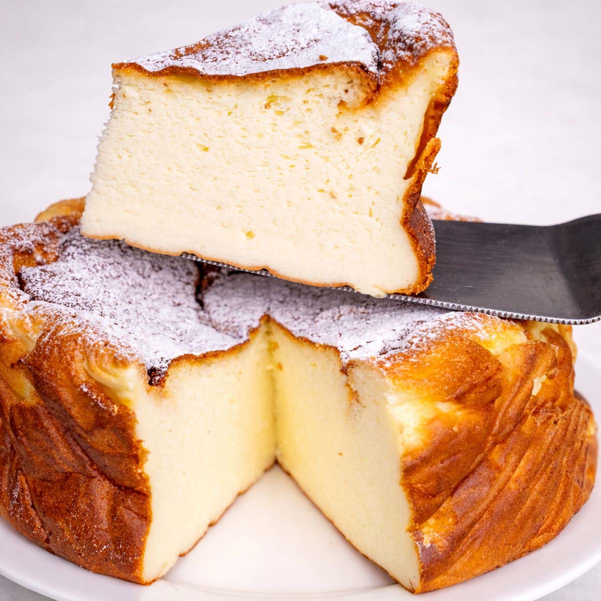 Slice of easy yogurt cake lifted with a spatula from the whole cake, dusted with powdered sugar, showing a light, fluffy interior and golden-brown edges on a white plate. 