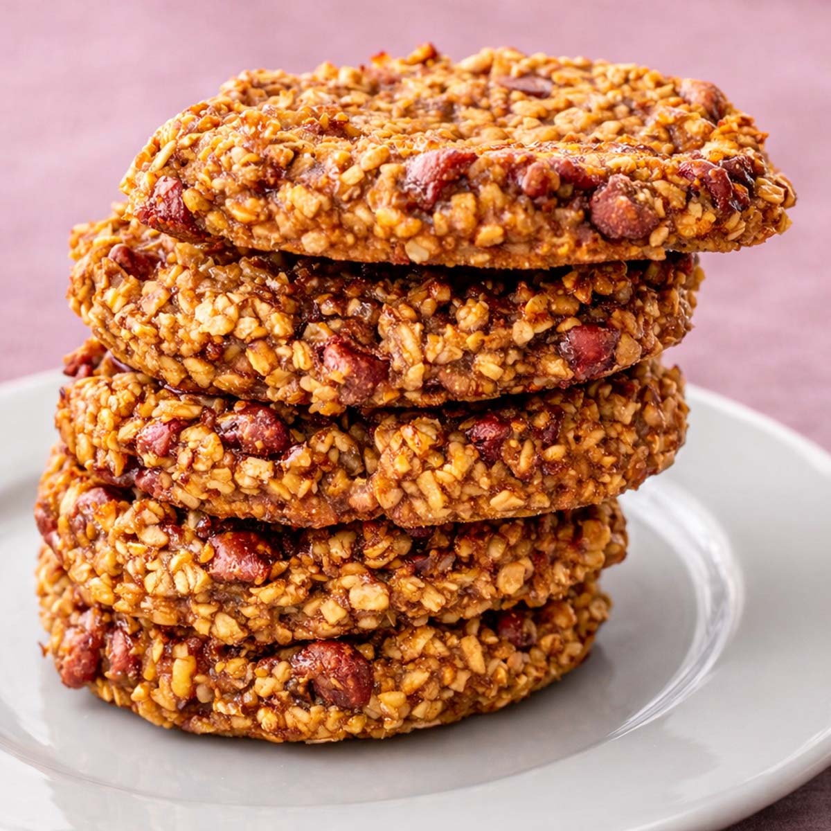 3 Ingredient Oatmeal Cookies No Flour Eggs Sugar Dairy Butter or Oil stacked on a white plate showing chewy oat texture and chocolate chips