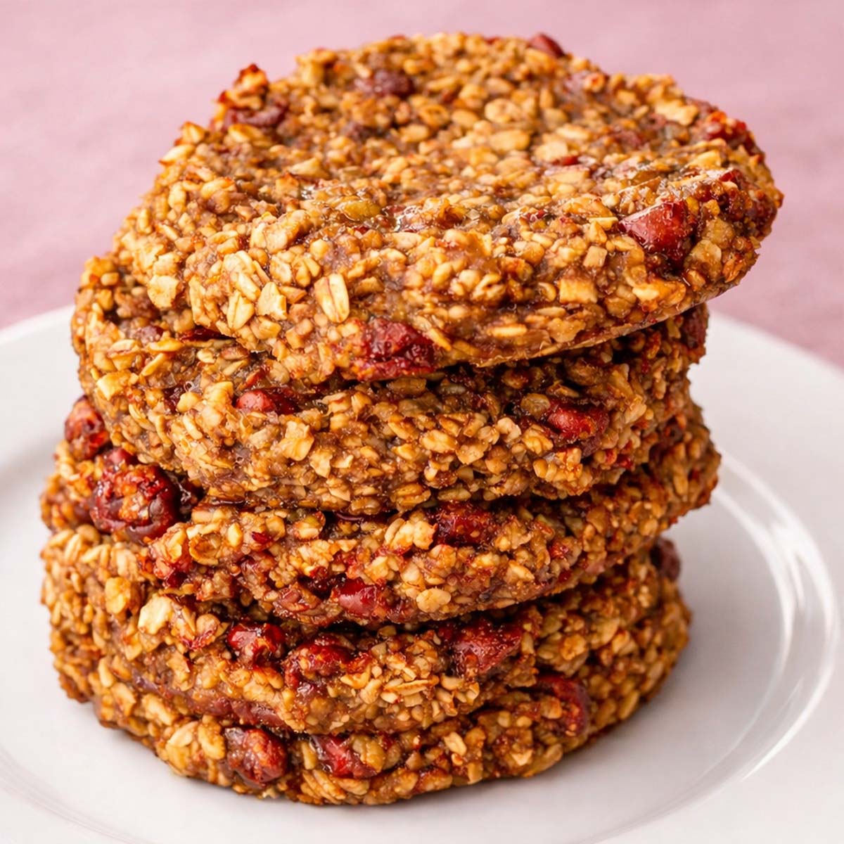 3 Ingredient Oatmeal Cookies No Flour Eggs Sugar Dairy Butter or Oil stacked oatmeal cookies on a white plate showing chewy oat texture and chocolate chips