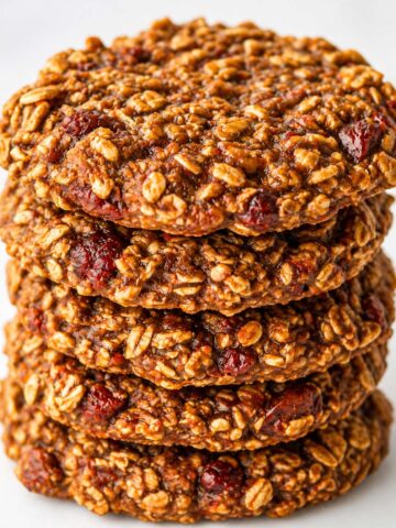 Stack of banana oatmeal cookies with oats and chocolate chips