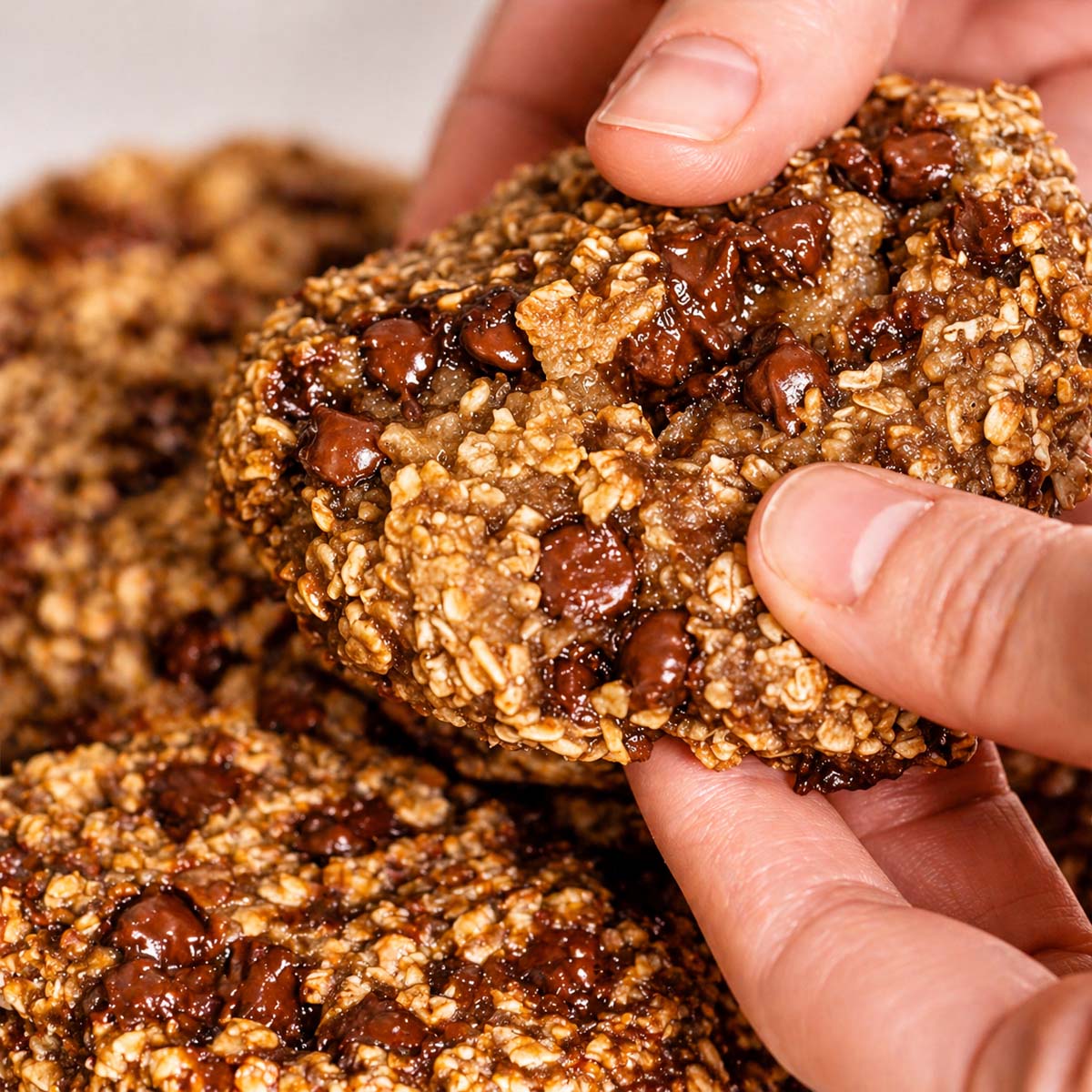 Hands breaking a soft banana oatmeal cookie with oats and chocolate chips, showing the chewy texture