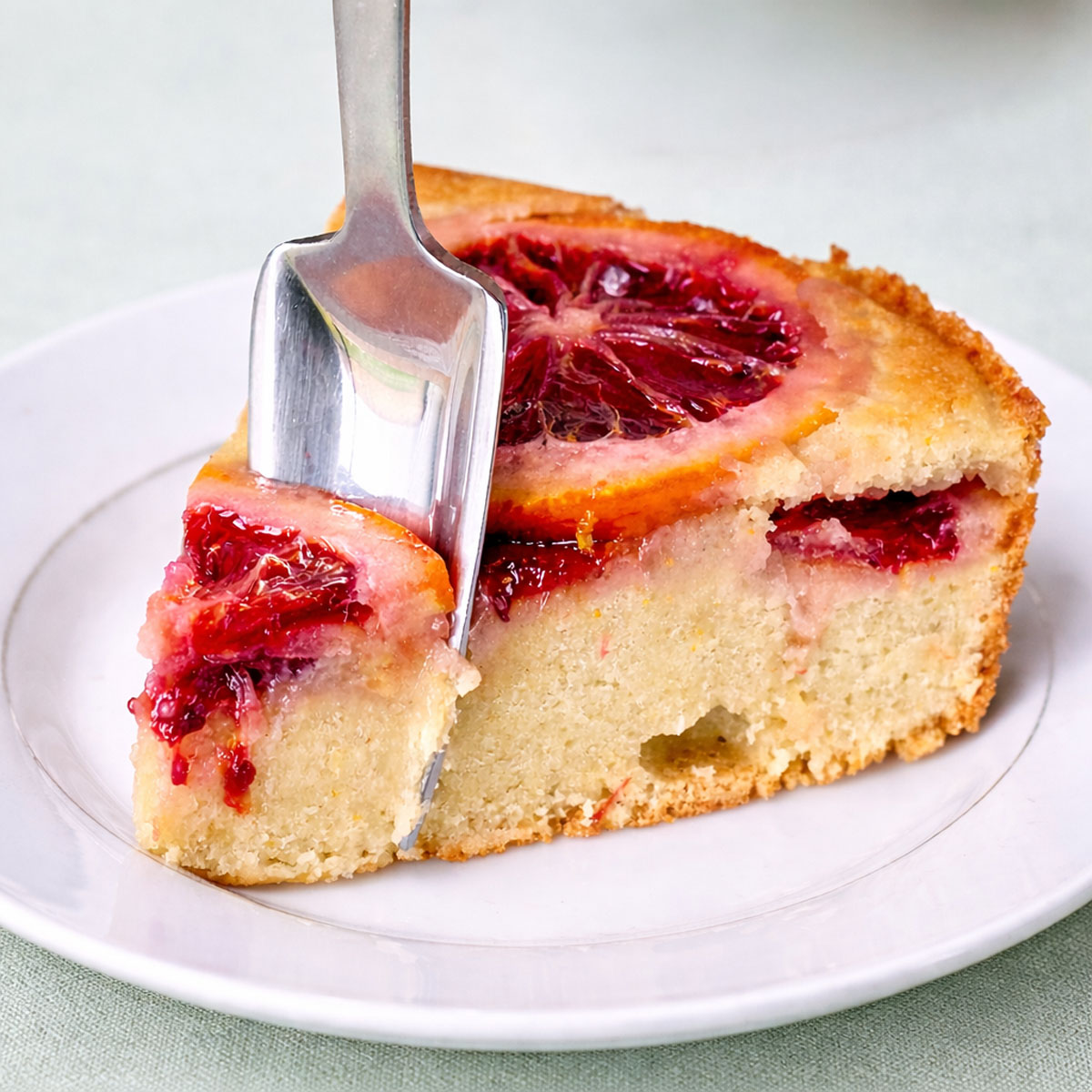 Slice of blood orange upside down cake on a white plate with a fork lifting a bite, showing the moist crumb and caramelized blood orange topping.