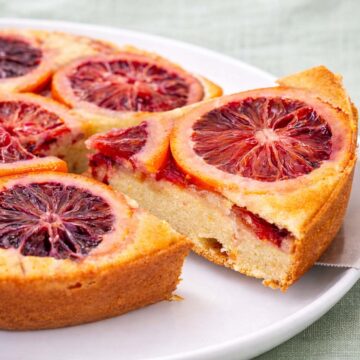 Blood orange upside down cake with caramelized citrus slices, a golden crumb, and a cut slice served on a white plate.