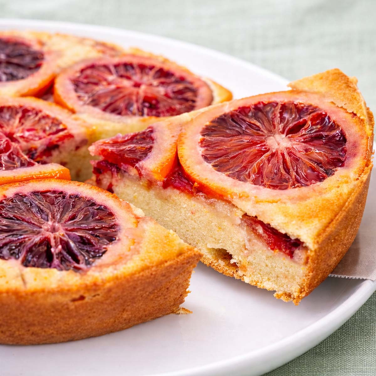Blood orange upside down cake with caramelized citrus slices, a golden crumb, and a cut slice served on a white plate.