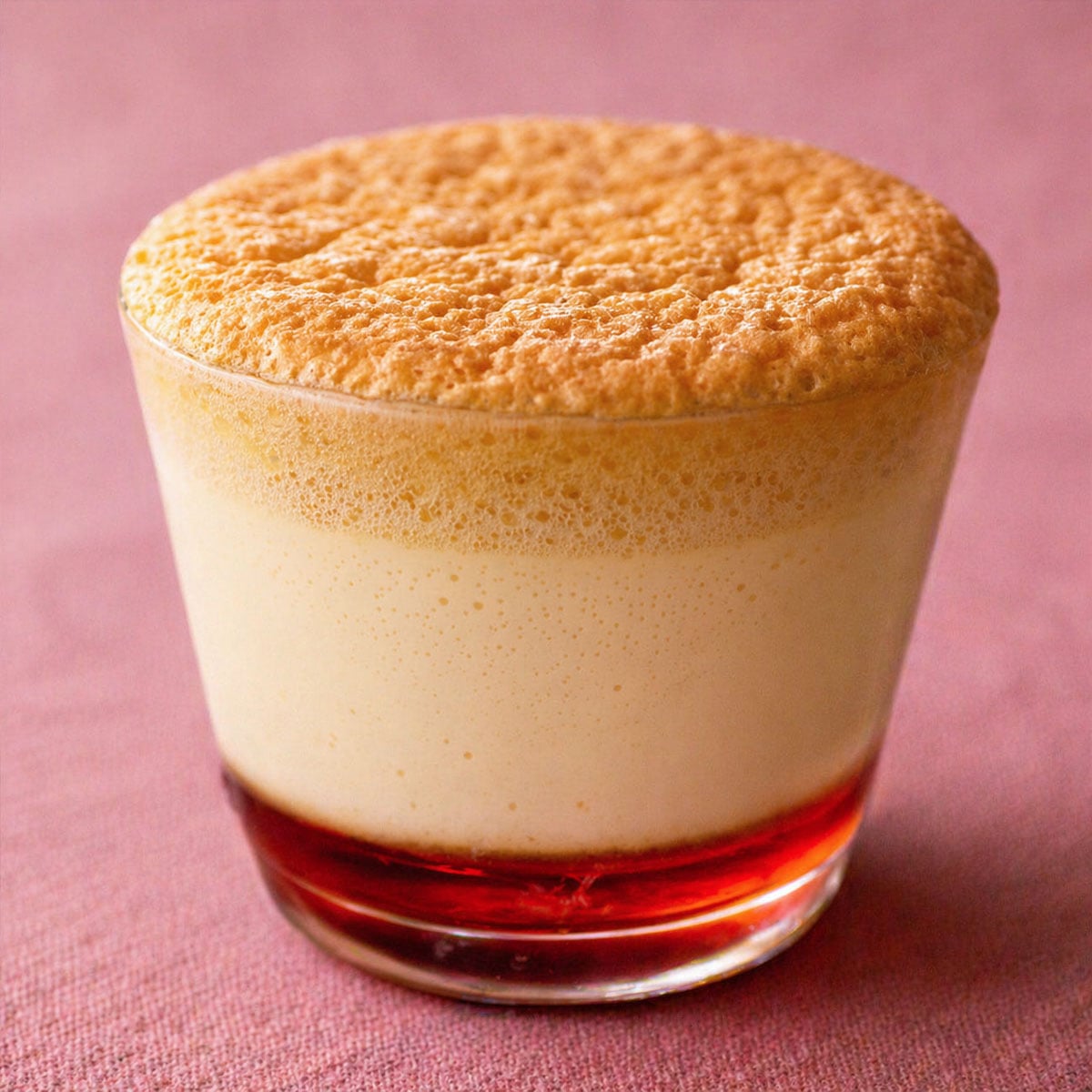castella pudding cake in a glass cup with caramel layer on the bottom and soft sponge cake top
