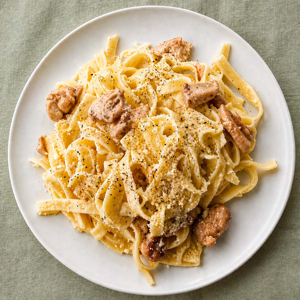 Chicken Alfredo Pasta (Easy, No Cream) on a white plate with creamy fettuccine, tender chicken pieces, Parmesan cheese, and black pepper