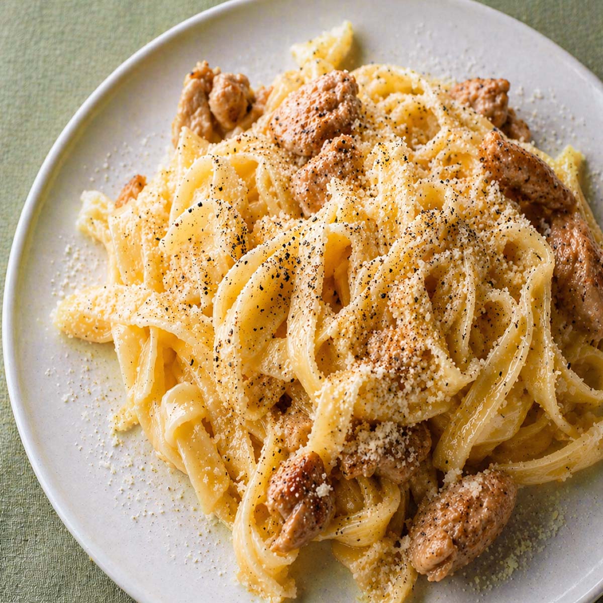 close up Chicken Alfredo Pasta (Easy, No Cream) on a white plate with creamy fettuccine, tender chicken pieces, Parmesan cheese, and black pepper