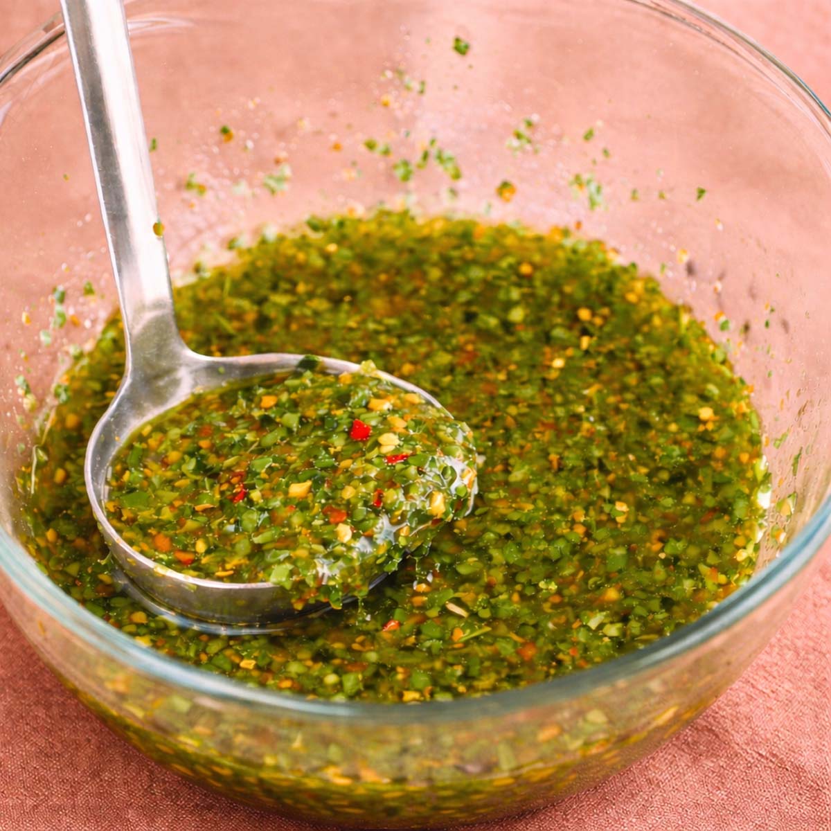 Homemade lemon chimichurri sauce in a glass bowl with a ladle, showing fresh parsley, garlic, olive oil, and red pepper flakes on a terracotta linen background.