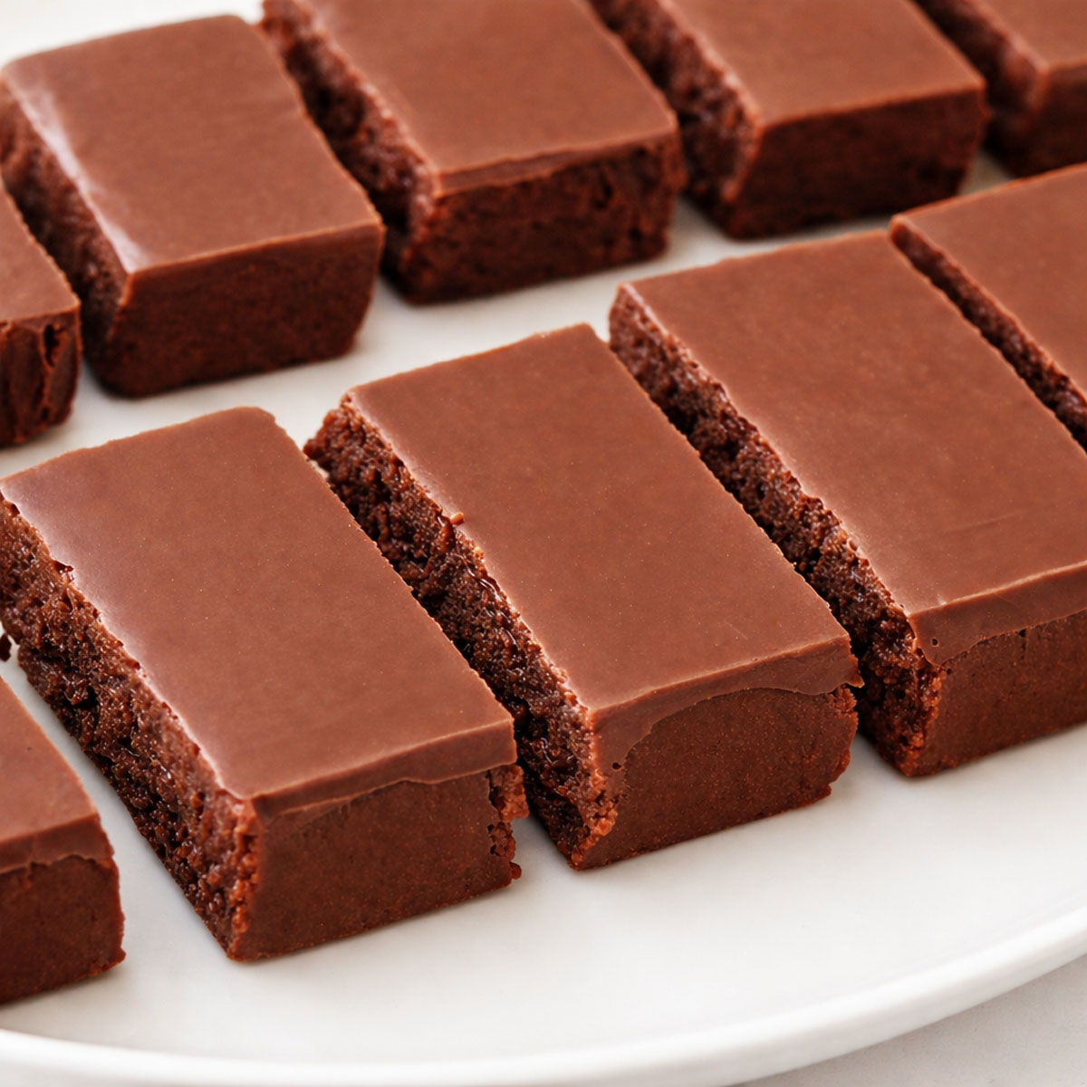 Easy chocolate caramels with a smooth chocolate top and chewy caramel layer served on a white plate.