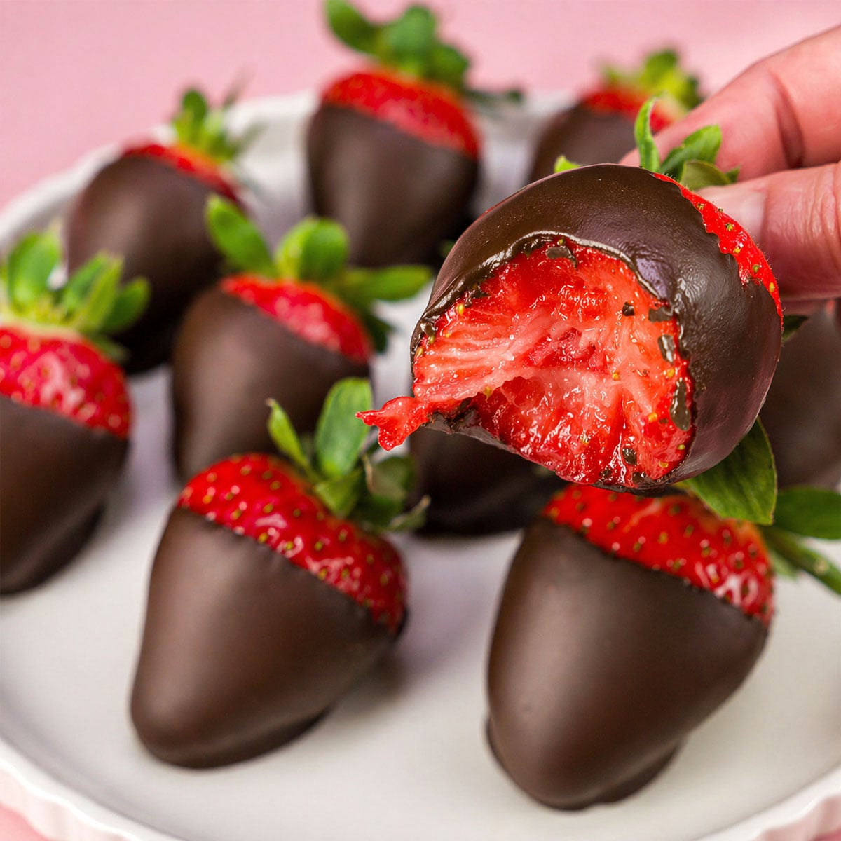 Bitten chocolate dipped strawberry held above a plate of chocolate covered strawberries 