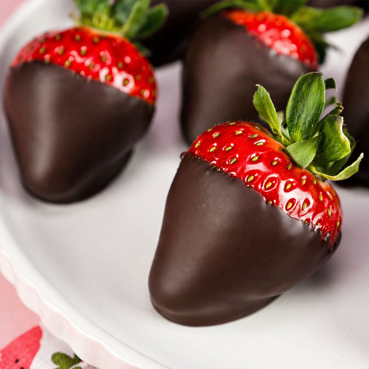 Close-up of chocolate dipped strawberries on a white plate